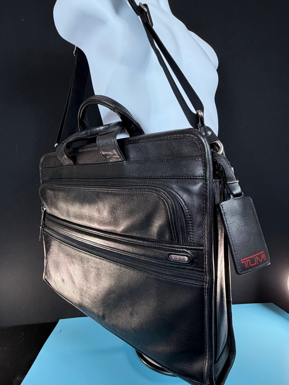 Tumi Black Leather Laptop Briefcase with Shoulder Strap